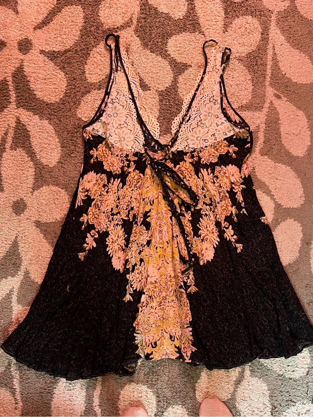Free People size XS morning sun slip Floral Lace-Back Sundress - Black and Cream - Picture 6 of 11